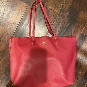 Coach Red Tote with Textured Leather and Spacious Design